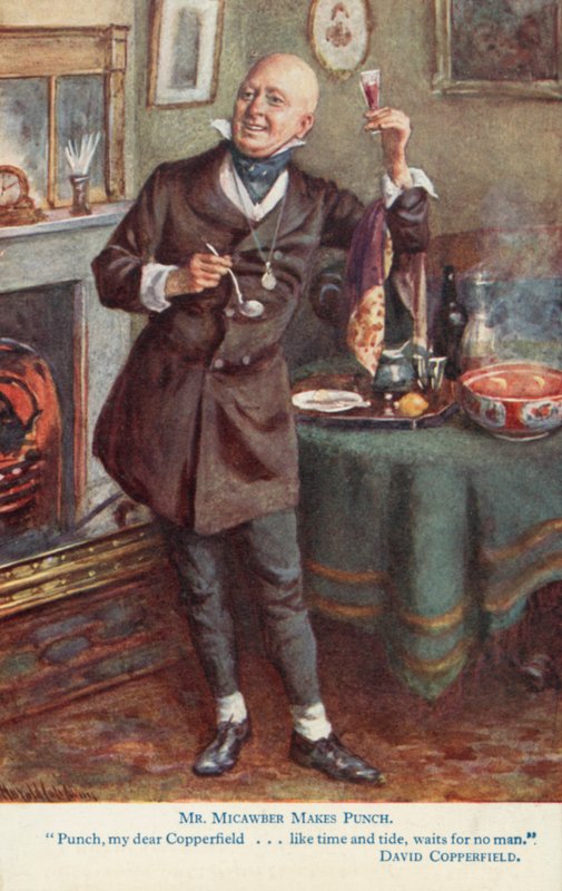 El Sr. Micawber prepara ponche, escena de la novela David Copperfield de Charles Dickens de Harold Copping