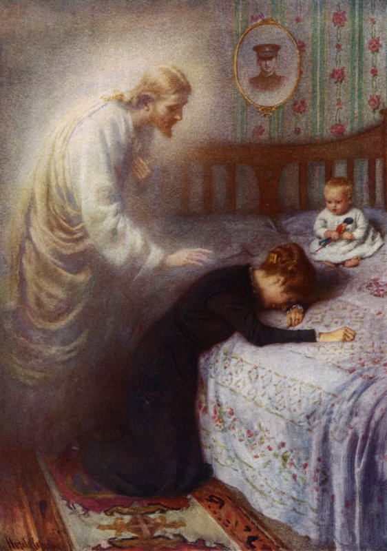 Cristo el Consolador: Jesús consolando a una afligida viuda de guerra británica (litografia en color) de Harold Copping