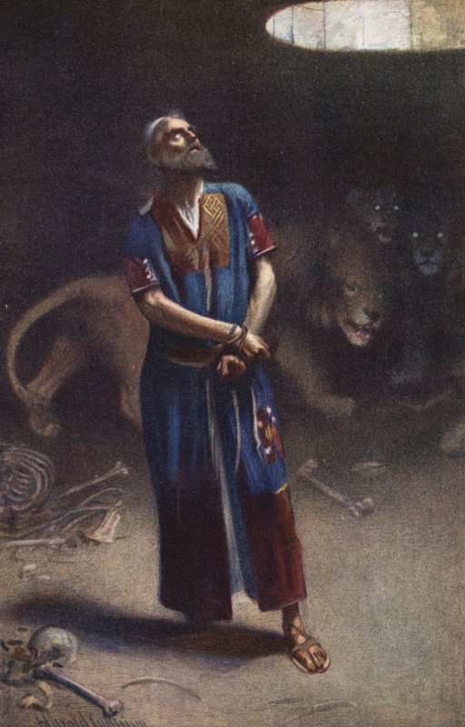 Daniel en el foso de los leones (litografía en color) de Harold Copping