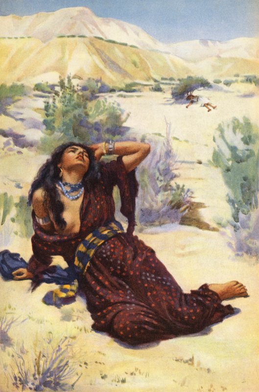 Agar e Ismael en el desierto (litografía en color) de Harold Copping