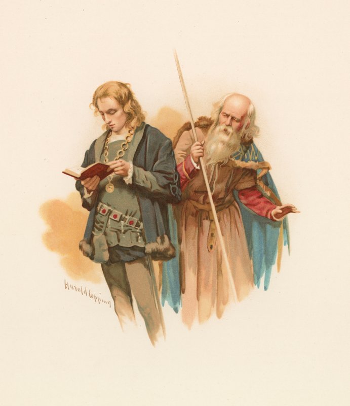 Hamlet leyendo, con Polonio detrás de Harold Copping