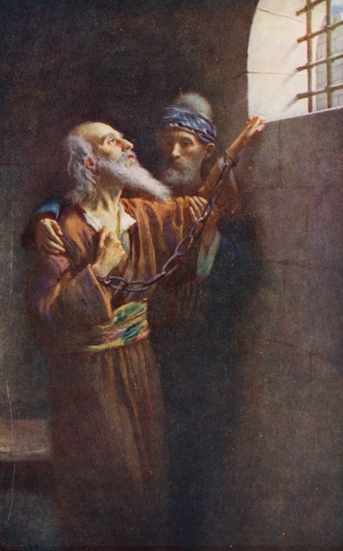 Nuevo Testamento: "He peleado una buena batalla" (litografía en color) de Harold Copping