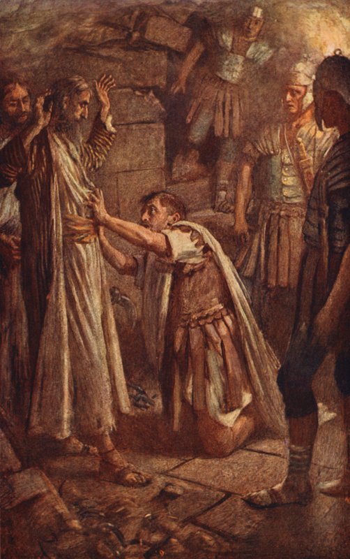 Nuevo Testamento: "Señores, ¿qué debo hacer" (litografía en color) de Harold Copping