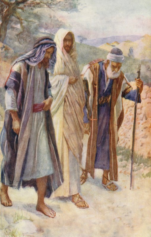 Nuevo Testamento: El camino de Emaús (litografía en color) de Harold Copping