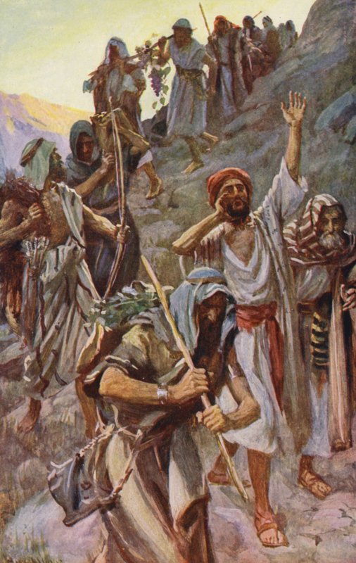Antiguo Testamento: "Una tierra que mana leche y miel" (litografía en color) de Harold Copping
