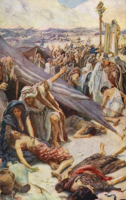 Antiguo Testamento: La vida por una mirada, La serpiente de bronce (litografía en color) de Harold Copping