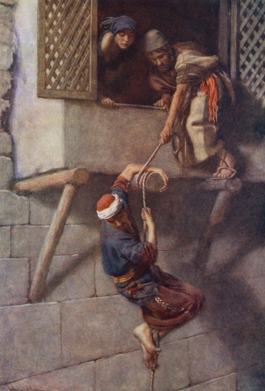 Antiguo Testamento: La fuga de los espías (litografía en color) de Harold Copping
