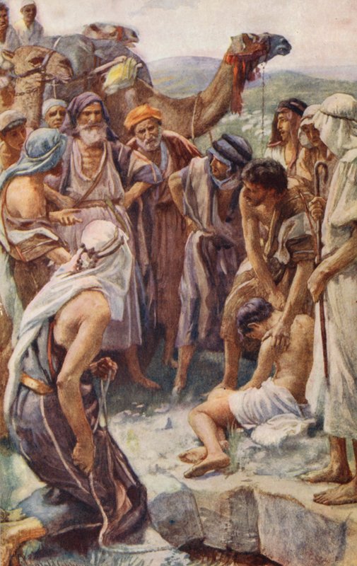 Antiguo Testamento: La venta de José (litografía en color) de Harold Copping