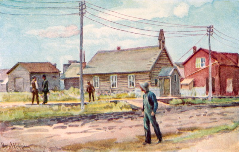 La Iglesia de la Cabaña de Troncos, Lloydminster de Harold Copping