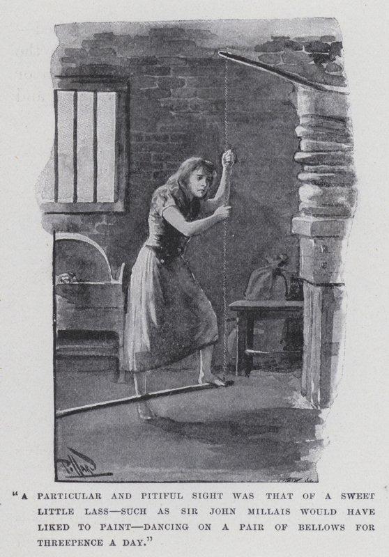"Una vista particular y lamentable fue la de una dulce niña, como la que a Sir John Millais le hubiera gustado pintar, bailando sobre un par de fuelles por tres peniques al día" de Harold Hume Piffard