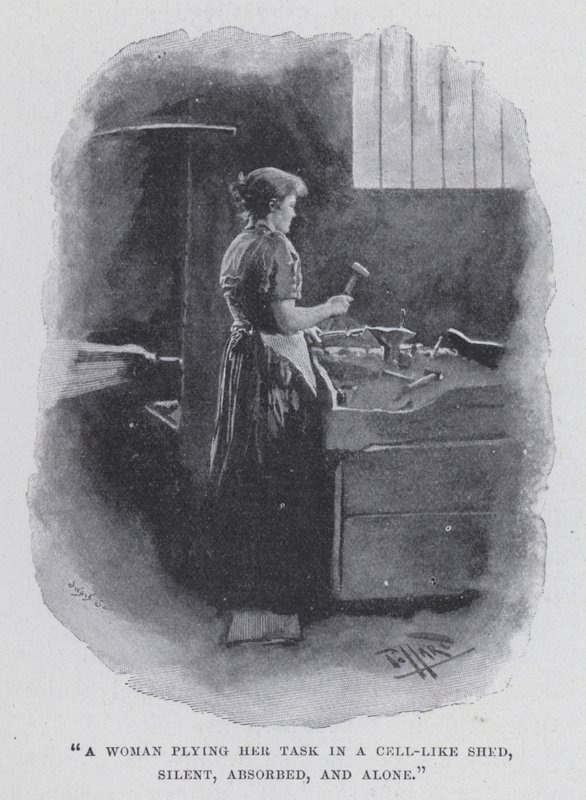 "Una mujer realizando su tarea en un cobertizo parecido a una celda, silenciosa, absorta y sola" de Harold Hume Piffard