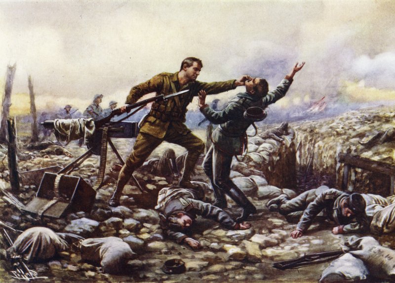El soldado J Boyd, de la Guardia Irlandesa, capturando una ametralladora alemana solo, Primera Guerra Mundial de Harold Hume Piffard