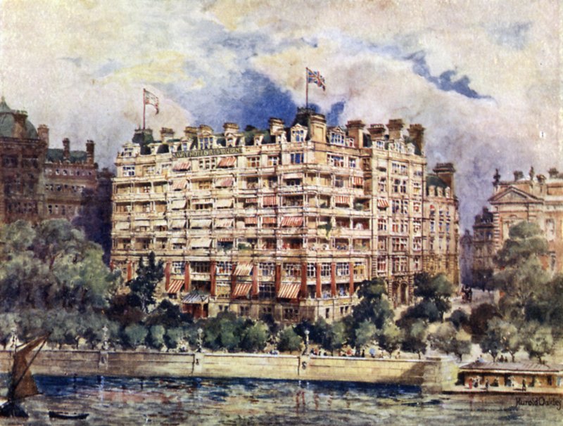 La fachada del río del Hotel Savoy en 1889 de Harold Oakley