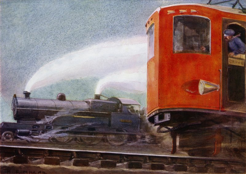 Locomotoras eléctricas y de vapor en los ferrocarriles británicos (litografia en color) de Harold Robert Millar