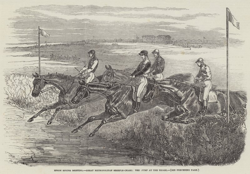 Reunión de primavera en Epsom, Gran Steeple-Chase Metropolitano, el salto en el arroyo de Harrison William Weir