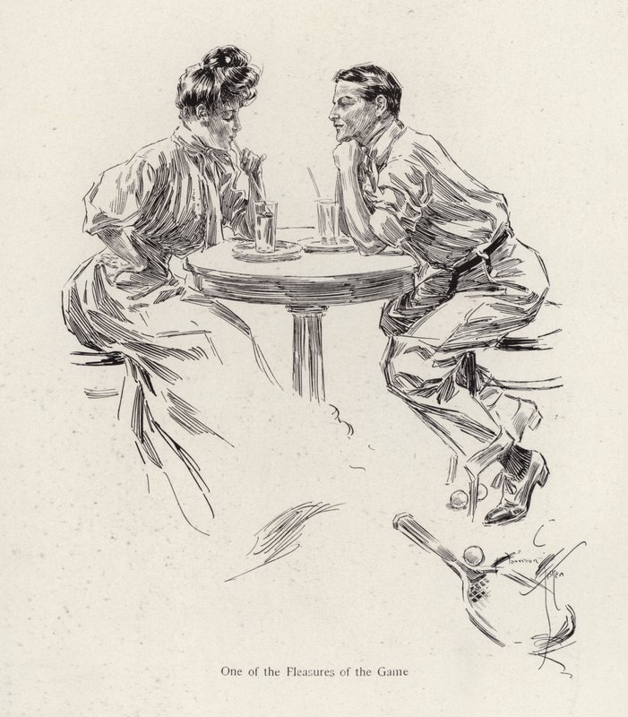 Pareja tomando una bebida después de un juego de tenis de Harrison Fisher