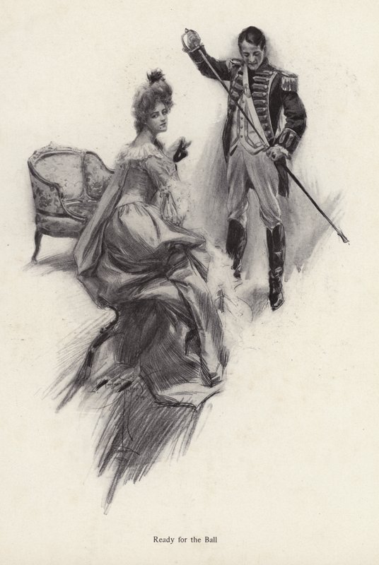 Hombre y mujer preparándose para un baile de Harrison Fisher