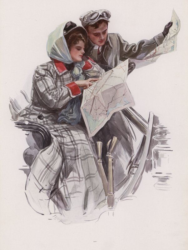 Hombre y mujer leyendo un mapa en un coche de Harrison Fisher