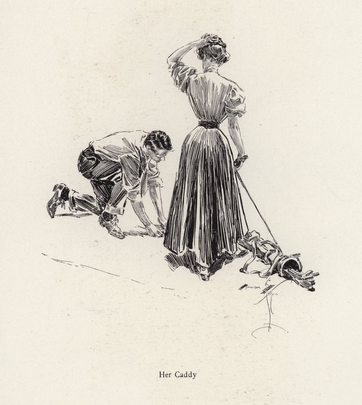 Hombre haciendo de caddie para una mujer en el campo de golf de Harrison Fisher