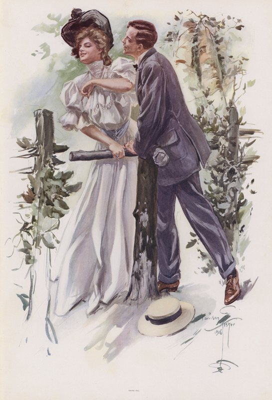 Hombre intentando robar un beso a una joven de Harrison Fisher