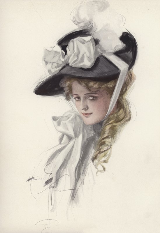 Retrato de una mujer con un sombrero elegante de Harrison Fisher