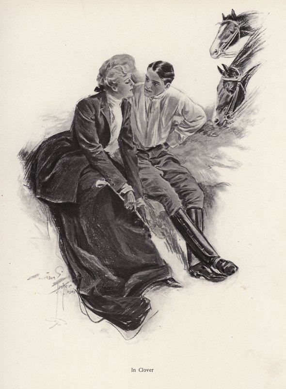 Pareja romántica tomando un descanso durante un paseo a caballo de Harrison Fisher