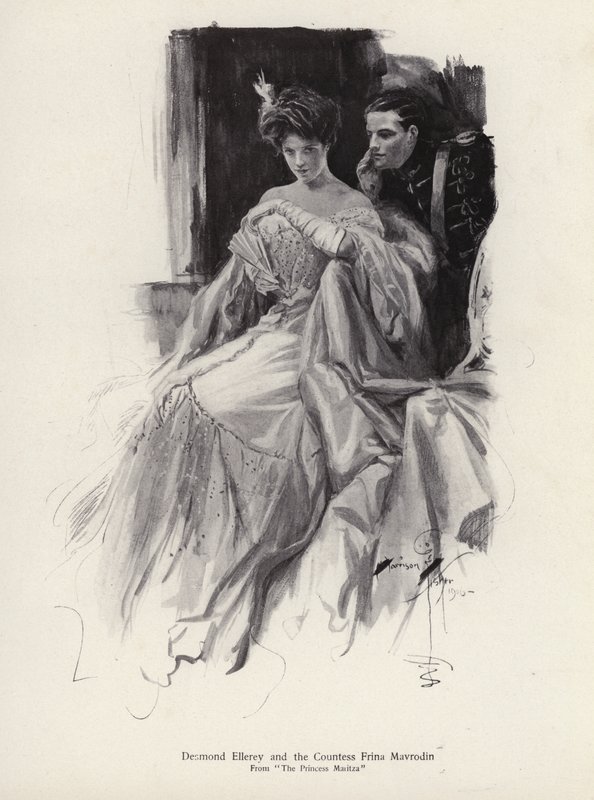 Dos personajes, Desmond Ellery y la Condesa Frina Mavrodin de la novela The Princess Moritza, de Percy Brebner de Harrison Fisher