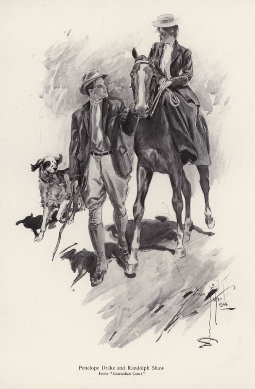 Dos personajes, Penelope Drake y Randolph Shaw de la novela, Cowardice Court, de George Barr McCutcheon de Harrison Fisher