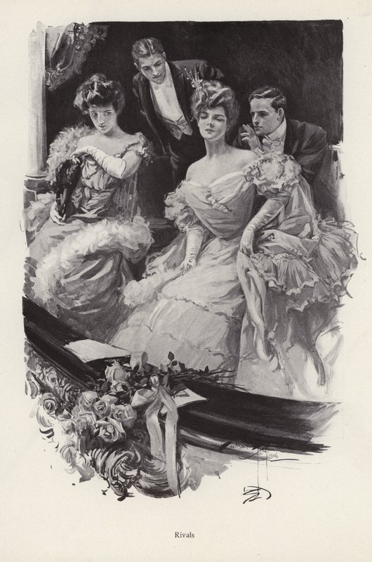Dos mujeres en un palco del teatro compitiendo por la atención masculina de Harrison Fisher