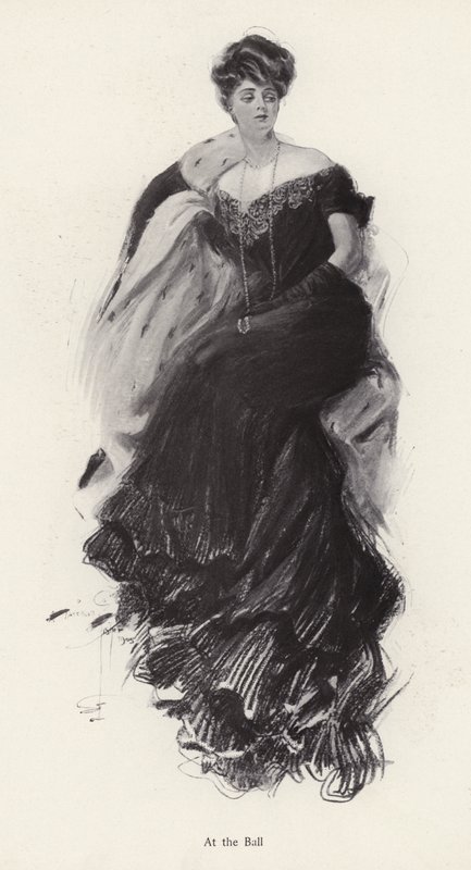 Mujer en un vestido de noche en un baile de Harrison Fisher