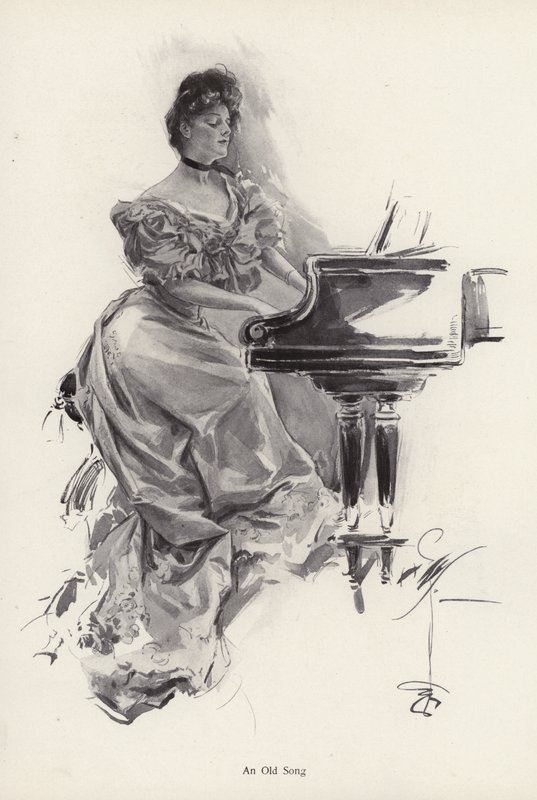 Mujer tocando una canción en un piano de Harrison Fisher