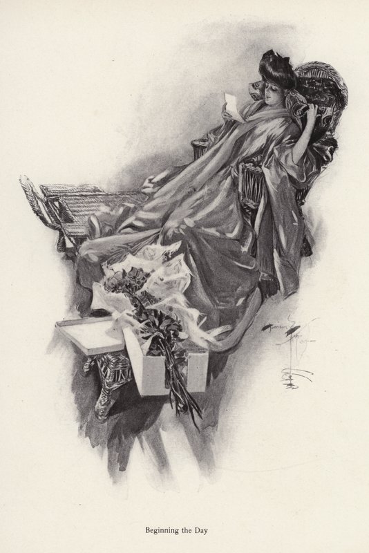 Mujer recibiendo un ramo de flores de un admirador de Harrison Fisher