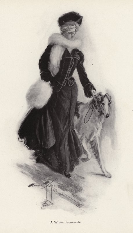 Mujer paseando a su perro collie en invierno de Harrison Fisher