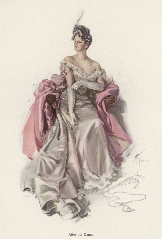 Mujer con un vestido de noche después del baile de Harrison Fisher