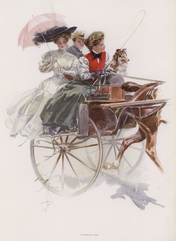 Joven mujer americana montando en un coche de un solo caballo en Irlanda de Harrison Fisher