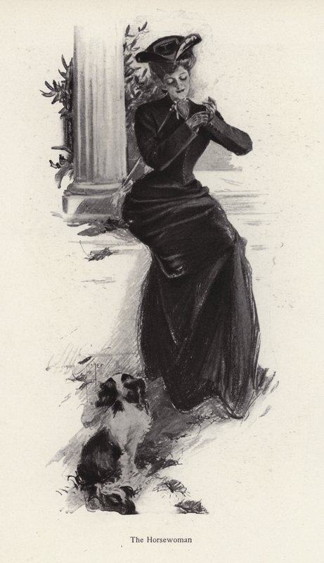 Joven mujer y su perro esperando para montar a caballo de Harrison Fisher
