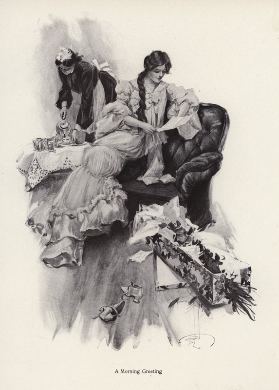 Joven mujer recibiendo un ramo de flores y una carta de un admirador de Harrison Fisher