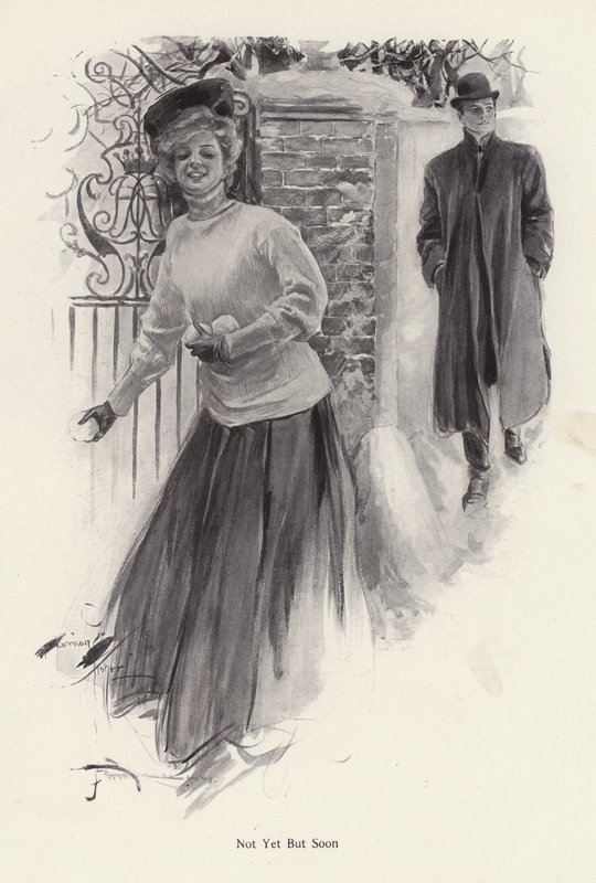 Joven mujer esperando para lanzar bolas de nieve a un hombre de Harrison Fisher
