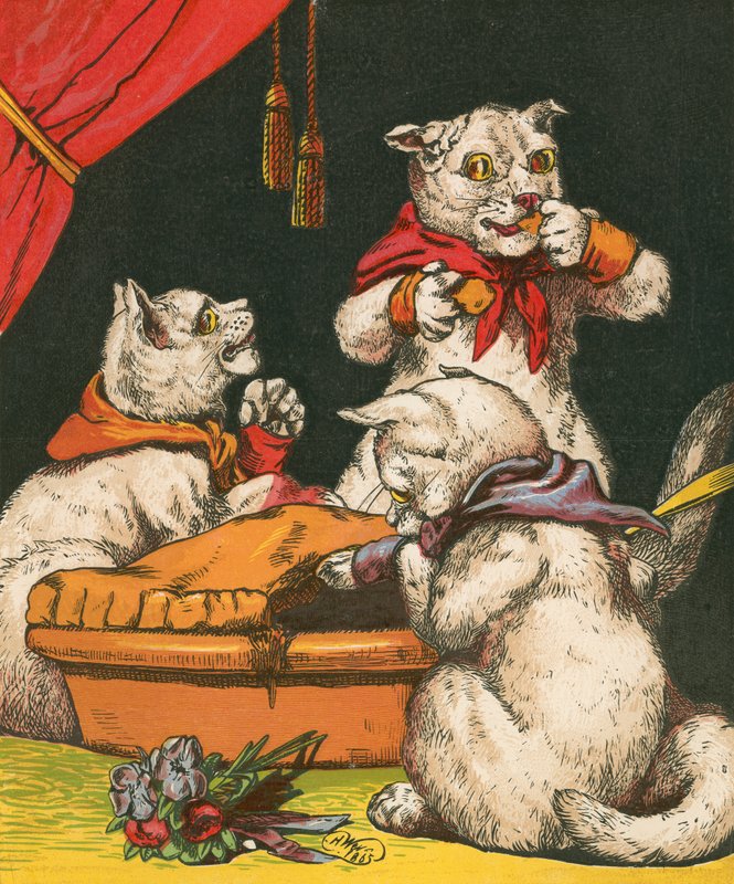 Gatitos traviesos comiendo pastel con sus mitones de Harrison William Weir