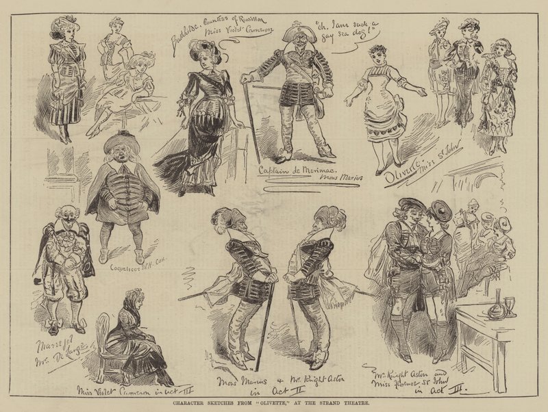 Bocetos de personajes de Olivette, en el Teatro Strand de Harry Furniss