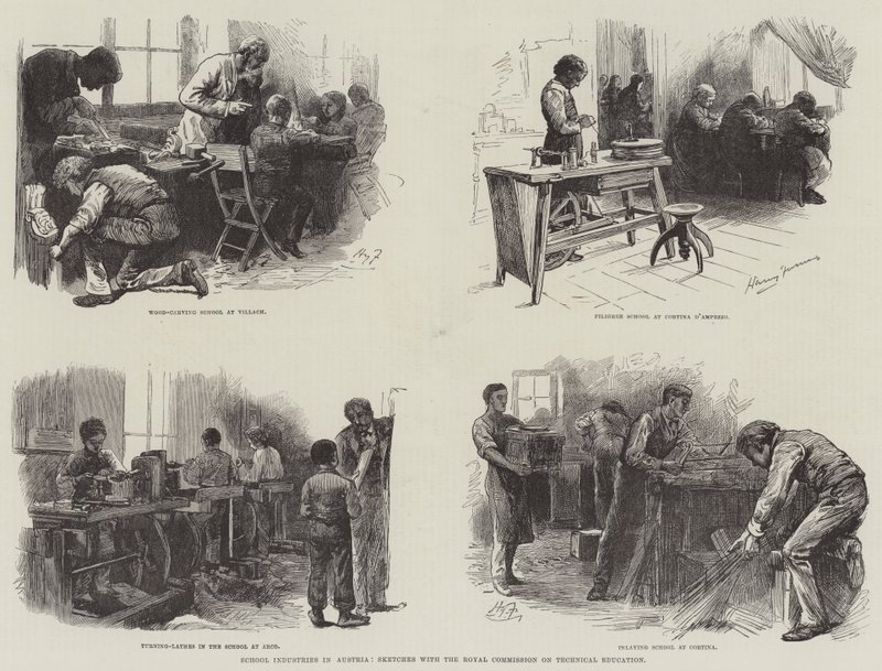 Industrias escolares en Austria, bocetos con la Comisión Real de Educación Técnica de Harry Furniss