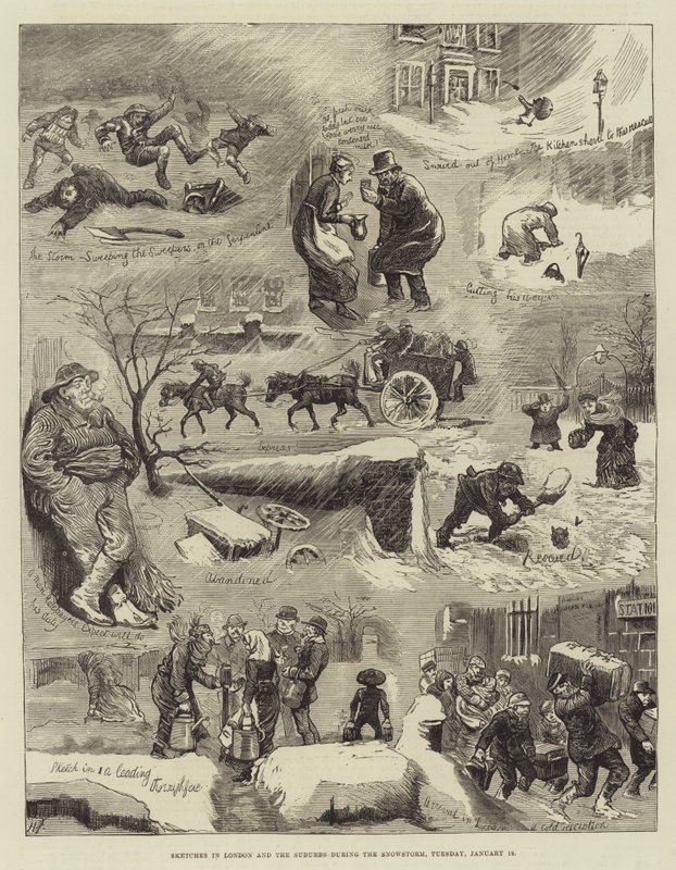Bocetos en Londres y los suburbios durante la tormenta de nieve, martes, 18 de enero de Harry Furniss