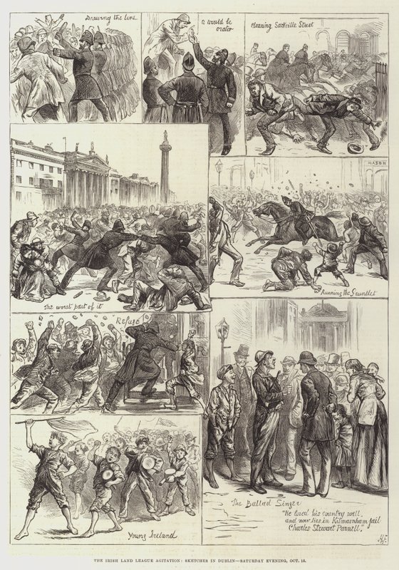 La agitación de la Liga de la Tierra Irlandesa, bocetos en Dublín, sábado por la noche, 15 de octubre de Harry Furniss
