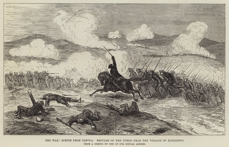 La guerra, salida de Plevna, repulsión de los turcos cerca del pueblo de Radishevo de Harry Furniss