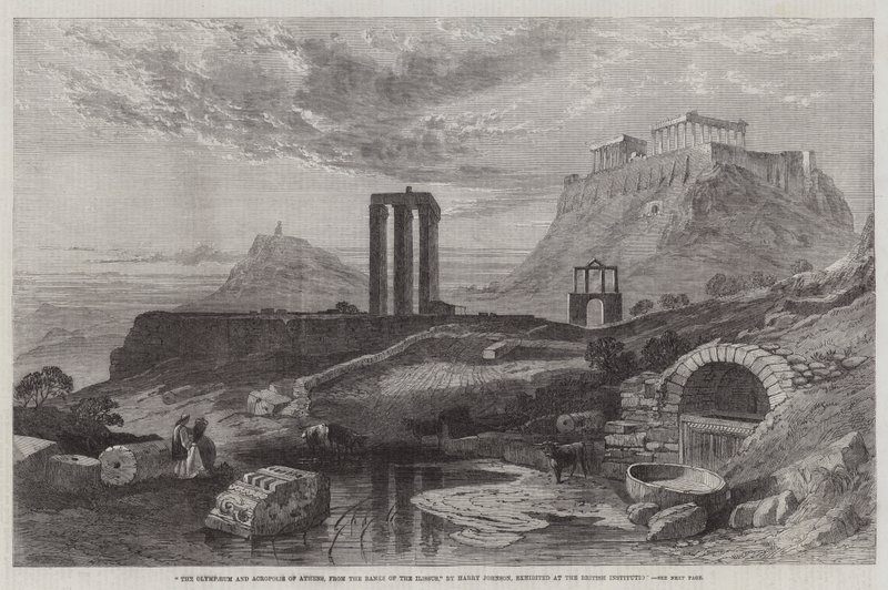 El Olimpeo y la Acrópolis de Atenas, desde las orillas del Iliso, exhibido en la Institución Británica de Harry John Johnson