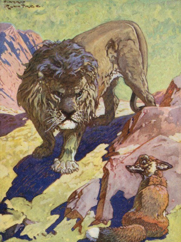 Fábulas de Esopo: La zorra y el león (litografía en color) de Harry (1878 1950) Rountree