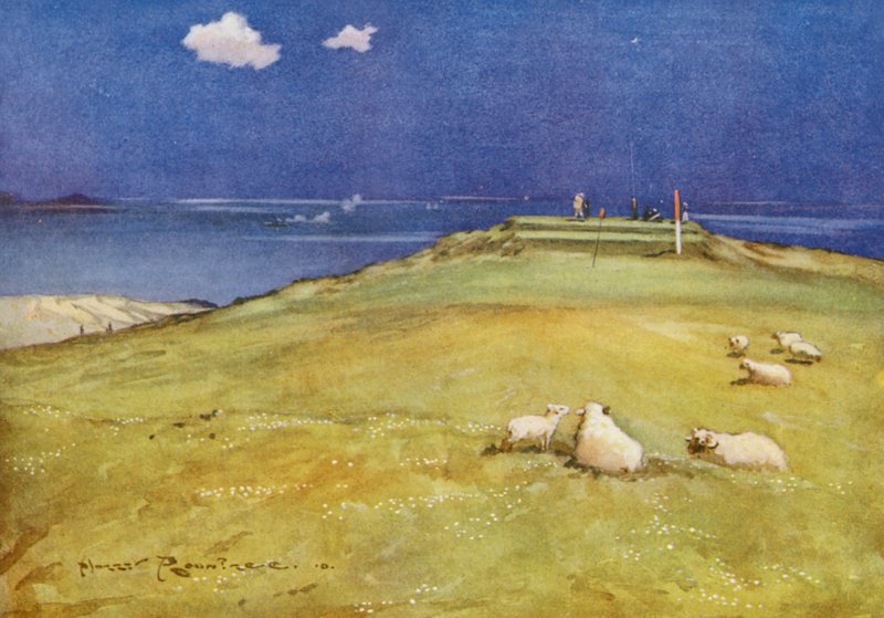 Campos de golf: Gullane, el sexto green y el séptimo tee (litografía en color) de Harry (1878 1950) Rountree
