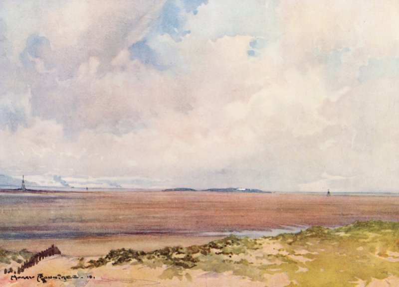 Campos de golf: Lago Hoy, mirando hacia Hilbre desde el noveno tee (litografía en color) de Harry (1878 1950) Rountree