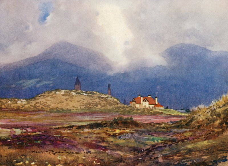 Campos de golf: Newcastle, el noveno carry y la casa club (litografía en color) de Harry (1878 1950) Rountree