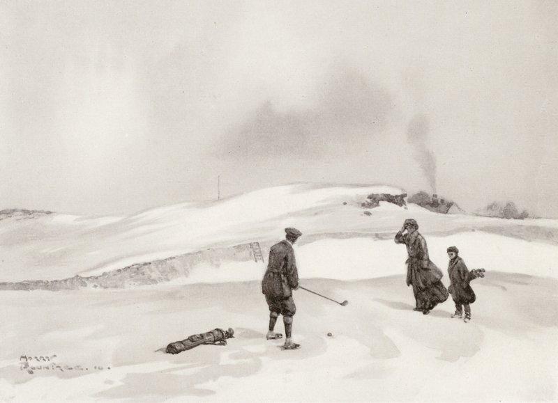 Campos de golf: Skegness, segundo golpe en el hoyo 9 (litografía) de Harry (1878 1950) Rountree